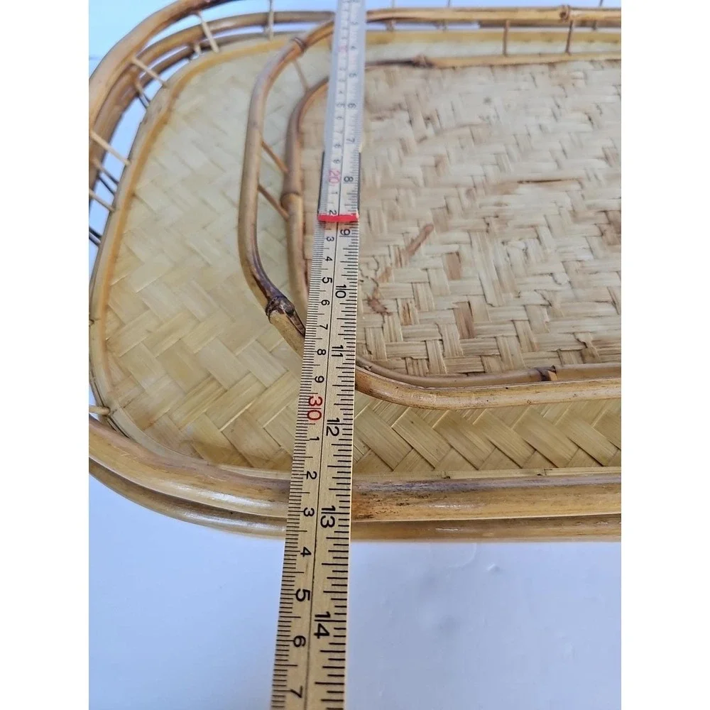 Vintage Bamboo Rattan Woven Serving Trays Set of 5 Nested Boho Coastal Decor‎